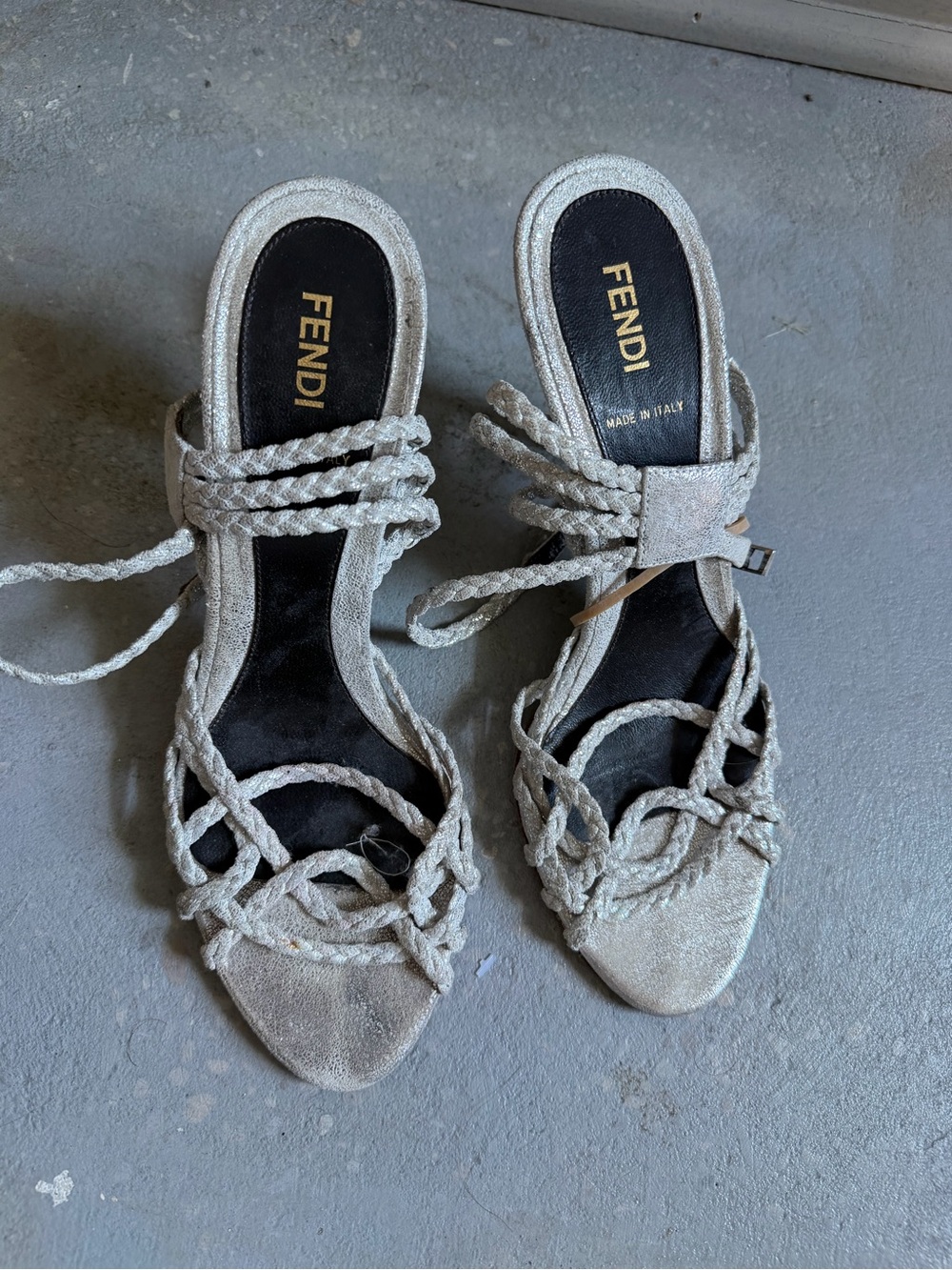 Fendi Braided Lace-Up Heeled Sandals in Silver-Tone size 38